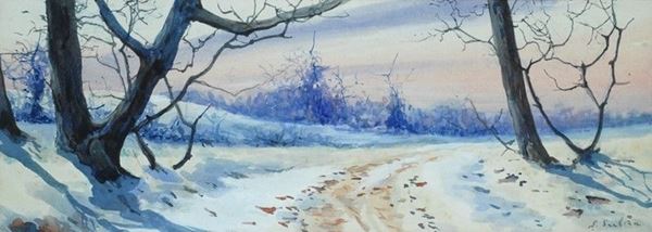 Anonimo, XX sec. : Paesaggio con neve  - Acquerello su carta riportata su cartone - Asta UNA PREZIOSA COLLEZIONE TOSCANA - Galleria Pananti Casa d'Aste