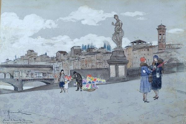 Adolfo Scarselli : Ponte di Santa Trinita  - Tempera su carta - Auction ASTA FUORI ASTA - Galleria Pananti Casa d'Aste