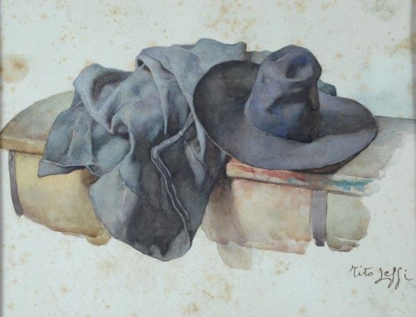 Tito Lessi : Cappello e cappotto  - Acquerello su carta - Asta STORART - UNA PREZIOSA COLLEZIONE TOSCANA - II - Galleria Pananti Casa d'Aste