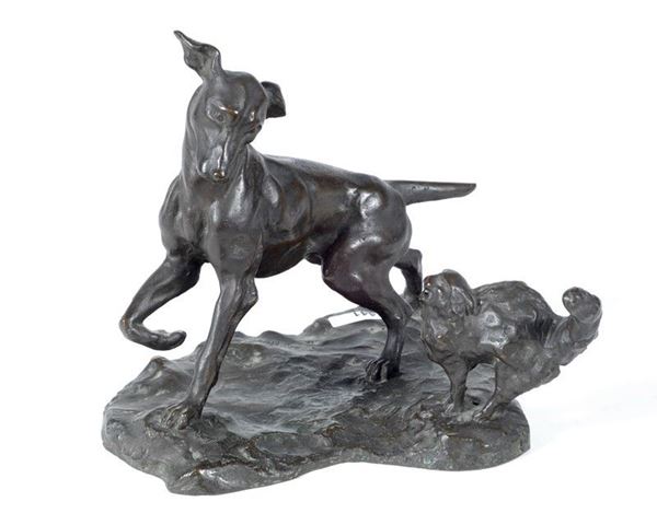 Anonimo, XX sec. : Cane e gatto  - Bronzo - Auction STORART - UNA PREZIOSA COLLEZIONE TOSCANA - II - Galleria Pananti Casa d'Aste