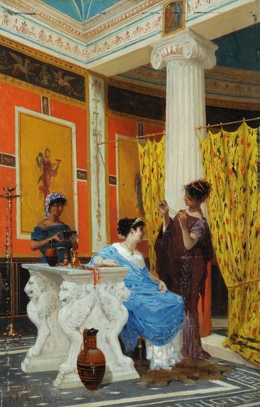 Paolo Mei : Interno pompeiano  (1883)  - Olio su tavola - Asta ASTA FUORI ASTA - Gioielli, Disegni e dipinti antichi, del XIX sec, del XX sec. e Contemporanei - Galleria Pananti Casa d'Aste