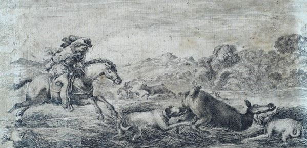 Stefano della Bella : Caccia del cervo  - Acquaforte su carta riportata su tela - Asta AUTORI DEL XIX E XX SEC - Galleria Pananti Casa d'Aste