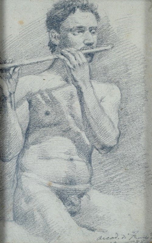 Amadio Vignali : Flautista  (1888)  - Matita su carta - Asta STORART - UNA PREZIOSA COLLEZIONE TOSCANA - II - Galleria Pananti Casa d'Aste