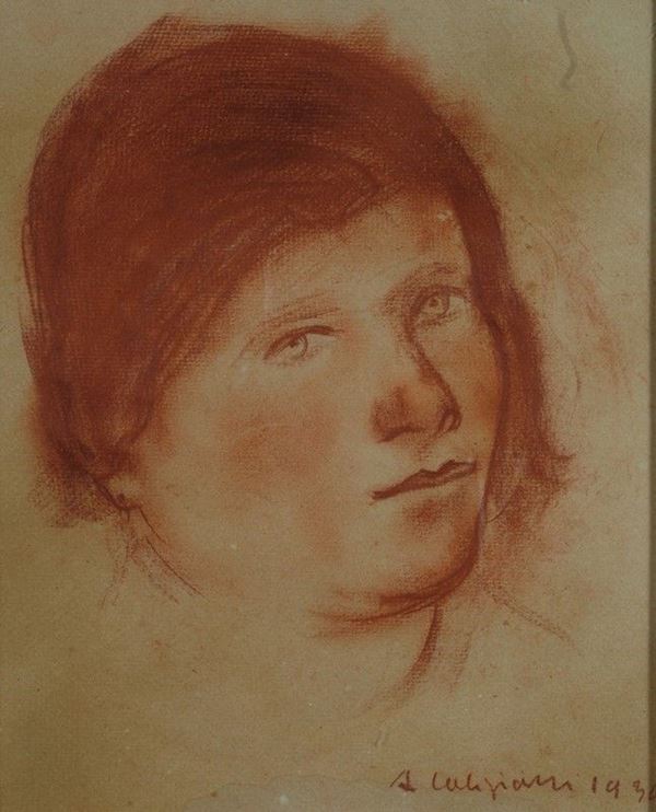 Alberto Caligiani : Volto  (1934)  - Sanguigna su carta - Auction STORART - UNA PREZIOSA COLLEZIONE TOSCANA - II - Galleria Pananti Casa d'Aste