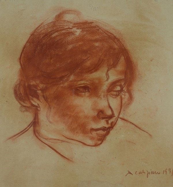 Alberto Caligiani : Bambina  (1935)  - Sanguigna su carta - Asta UNA PREZIOSA COLLEZIONE TOSCANA - Galleria Pananti Casa d'Aste
