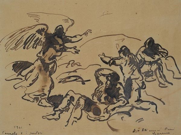 Felice Carena : L'angelo e i pastori  (1941)  - China su carta - Asta AUTORI DEL XIX E XX SEC - Galleria Pananti Casa d'Aste