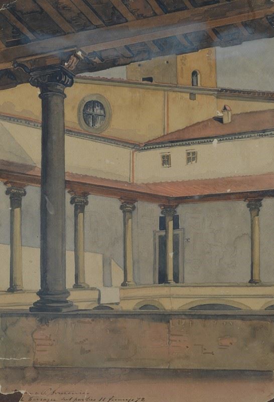 G. Castellucci : Chiostro di San Domenico  (1872)  - Tempera su cartoncino - Asta  [..]