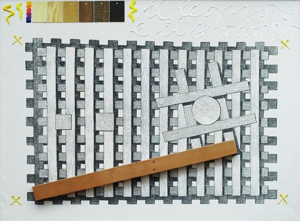 Concetto Pozzati : Il legno ed il suo doppio  (1974)  - Tecnica mista su tela - Asta Arte Moderna e Contemporanea - III - Galleria Pananti Casa d'Aste