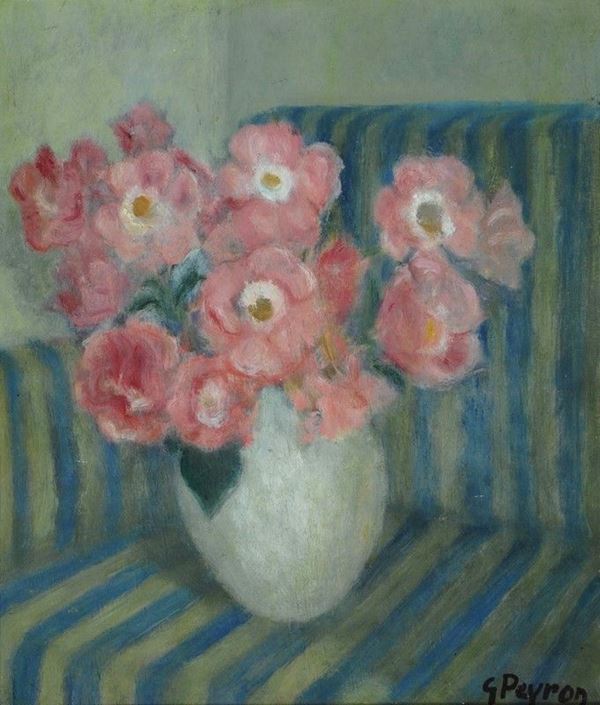 Guido Peyron : Vaso con fiori sul divano a righe  (1936-38)  - Olio su compensato - Asta Arte Moderna e Contemporanea - III - Galleria Pananti Casa d'Aste