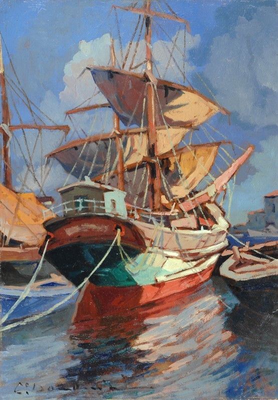 Carlo Domenici : Barcone in porto  - Olio su legno - Auction AUTORI DEL XIX E XX SEC - II - Galleria Pananti Casa d'Aste