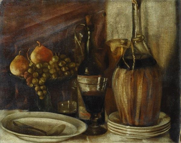 Giuseppe Santelli : Natura morta con fiasco e frutta, 1906  - Olio su tela - Asta Arte Moderna e Contemporanea - III - Galleria Pananti Casa d'Aste