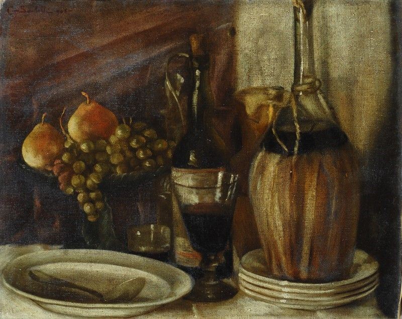 Giuseppe Santelli - Natura Morta con Fiasco e Frutta, 1906
