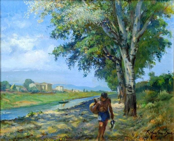 Filippo  Martori Savini - Paesaggio fluviale con pescatorello
