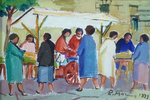 Rodolfo Marma : Angolo di mercato  (1973)  - Olio su cartone telato - Auction Arte Moderna e Contemporanea - III - Galleria Pananti Casa d'Aste