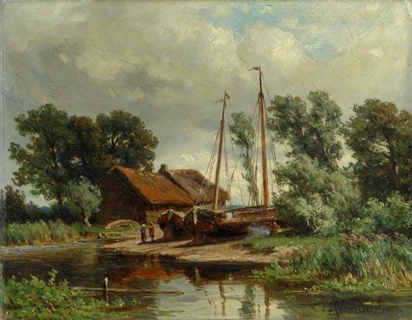 Jan Willem van Borselen : Paesaggio fluviale   - Olio su tavola  - Asta AUTORI DEL XIX E XX SEC - II - Galleria Pananti Casa d'Aste