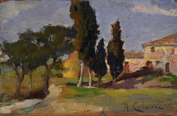 Arturo Calosci : Paesaggio con caseggiati e cipressi  - Olio su tavola - Auction AUTORI DEL XIX E XX SEC - II - Galleria Pananti Casa d'Aste