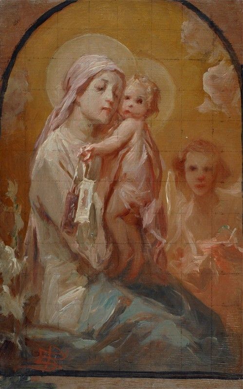 Anonimo, XX sec. : Madonna col Bambino e un angelo  - Olio su legno  - Auction AUTORI DEL XIX E XX SEC - II - Galleria Pananti Casa d'Aste