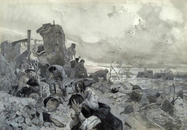 Riccardo Pellegrini : Modica (alluvione)  (1902)  - China acquerellata e matita su carta - Auction AUTORI DEL XIX E XX SEC - II - Galleria Pananti Casa d'Aste