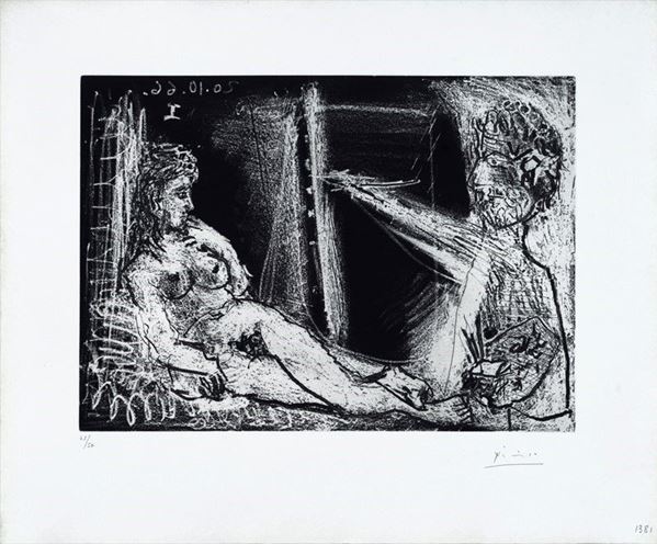 Pablo Picasso : Peintre en demi-figure et modele allongè  (1966)  - Acquaforte - Asta Arte Moderna e Contemporanea - III - Galleria Pananti Casa d'Aste