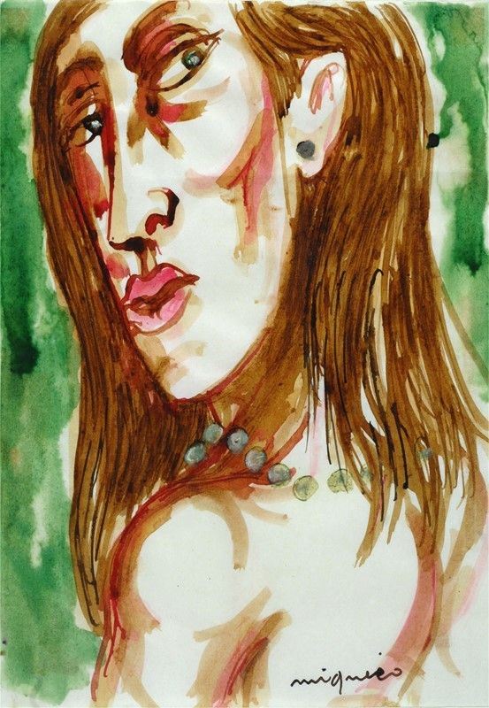 Giuseppe Migneco : Volto di donna  - Acquerello su carta - Auction Arte Moderna e Contemporanea - III - Galleria Pananti Casa d'Aste