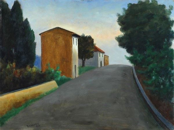 Nino Tirinnanzi : Strada di paese  (1966)  - Olio su faesite - Auction Arte Moderna e Contemporanea - III - Galleria Pananti Casa d'Aste
