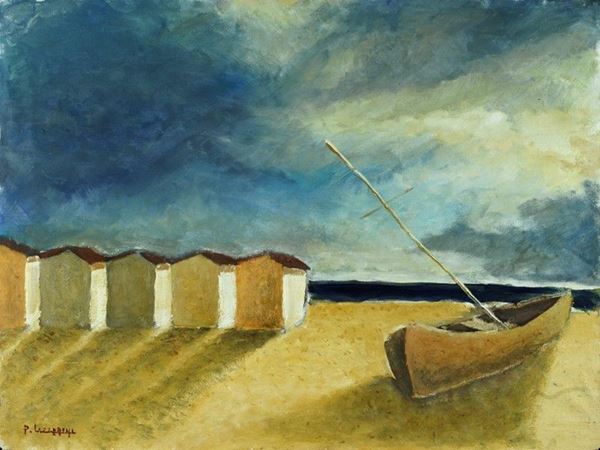Anonimo, XX sec. : Spiaggia con barca  - Olio su tela - Auction Arte Moderna e Contemporanea - III - Galleria Pananti Casa d'Aste