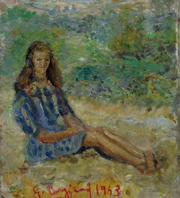 Guido Borgianni : Fanciulla seduta  (1943)  - Olio su cartone - Auction Arte Moderna e Contemporanea - III - Galleria Pananti Casa d'Aste