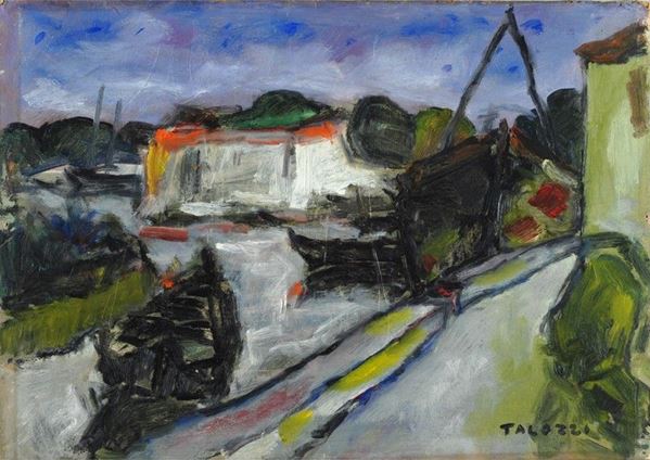 Nino Talozzi - Scorcio di paese con canale