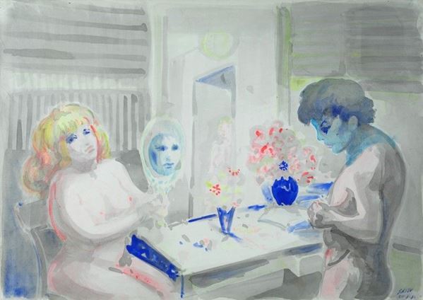 Aligi Sassu : Il mimo allo specchio  (1981)  - Acquerello su carta riportata su tela - Auction Arte Moderna e Contemporanea - III - Galleria Pananti Casa d'Aste