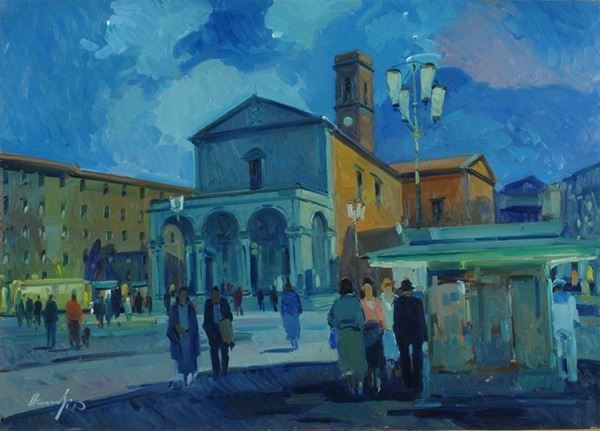 Anonimo, XX sec. : Piazza Grande  - Olio su faesite - Auction Arte Moderna e Contemporanea - III - Galleria Pananti Casa d'Aste