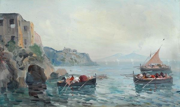 Scuola Napoletana, XX sec. - Barche di pescatori sotto costa