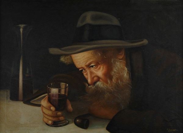 Anonimo, XX sec. : Vecchio con bicchiere e pipa  - Olio su tela - Auction AUTORI DEL XIX E XX SEC - Galleria Pananti Casa d'Aste