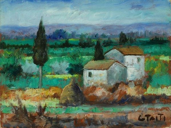 Giuseppe Taiti : Paesaggio campestre con casolare  - Olio cartone - Asta ARTE MODERNA - Galleria Pananti Casa d'Aste