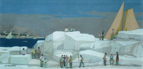 Marcello Boccacci : Pescatori a bocca di magra  (1982)  - Olio su cartone - Auction ARTE MODERNA - Galleria Pananti Casa d'Aste