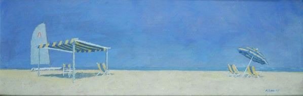 Anonimo, XX sec. : Spiaggia  (1987)  - Olio su compensato - Auction Arte Moderna e Contemporanea - III - Galleria Pananti Casa d'Aste