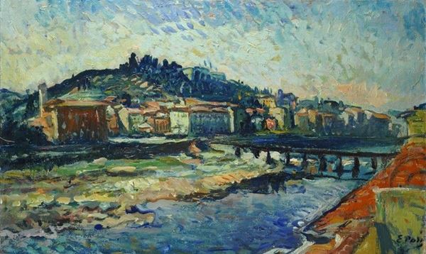 Ennio Pozzi : Scorcio di paese con ponte   - Olio su tela - Auction Arte Moderna e Contemporanea - III - Galleria Pananti Casa d'Aste
