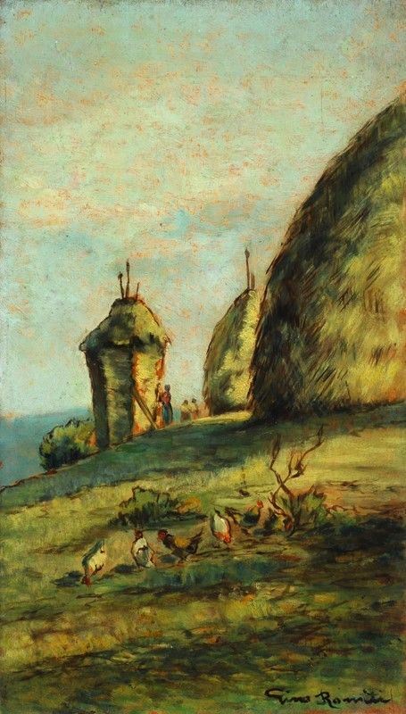 Gino Romiti : Galline tra i covoni  - Olio su tavoletta - Auction AUTORI DEL XIX E XX SEC - II - Galleria Pananti Casa d'Aste