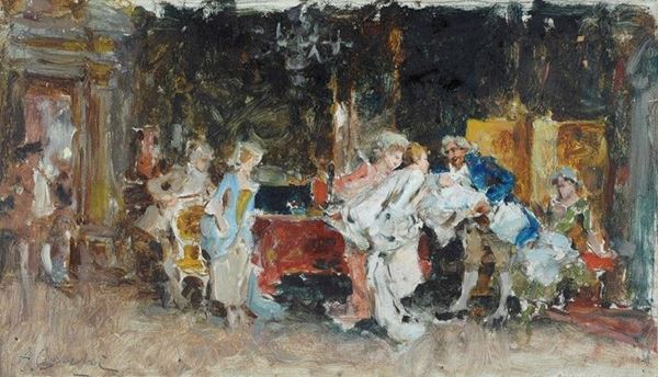 Adriano Cecchi : Il lieto evento  - Olio su tela - Auction AUTORI DEL XIX E XX SEC - II - Galleria Pananti Casa d'Aste