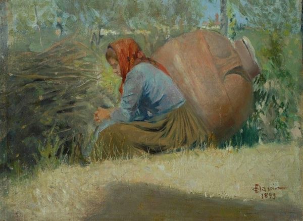 Cesare Ciani : Contadina a riposo  (1899)  - Olio su tela riportata su cartone - Asta AUTORI DEL XIX E XX SEC - II - Galleria Pananti Casa d'Aste