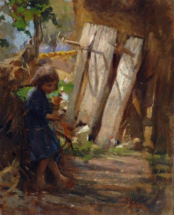 Cesare Ciani : Bambina nell'aia  - Olio su cartone - Auction AUTORI DEL XIX E XX SEC - II - Galleria Pananti Casa d'Aste