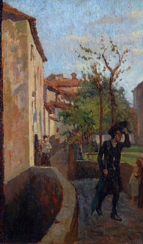 Francesco Gioli - Scorcio di paese con figure