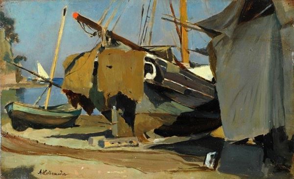 Alfonso Hollaender : Barche a secco  - Olio su tavola - Auction AUTORI DEL XIX E XX SEC - II - Galleria Pananti Casa d'Aste
