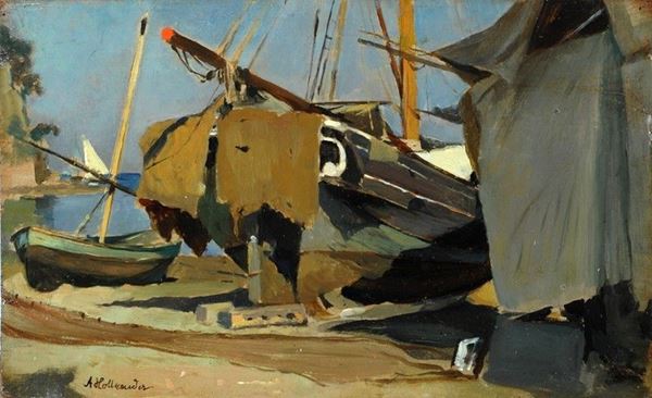 Alfonso Hollaender : Barche a secco  - Olio su tavola - Asta AUTORI DEL XIX E XX SEC - II - Galleria Pananti Casa d'Aste