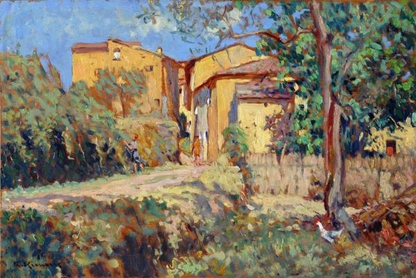 Giorgio Kienerk : Case a Petraia  (1927)  - Olio su tavola - Asta AUTORI DEL XIX E XX SEC - II - Galleria Pananti Casa d'Aste