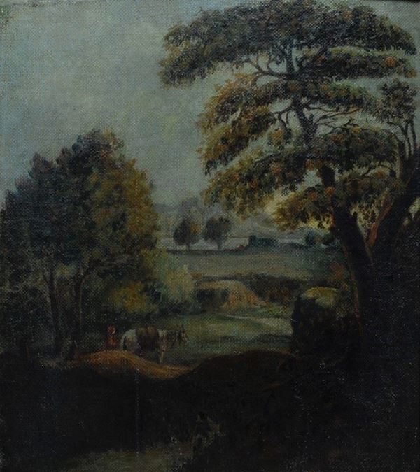 Scuola Toscana, XIX sec. : Bosco con figure  - Olio su tela riportata su tavola - Auction AUTORI DEL XIX E XX SEC - II - Galleria Pananti Casa d'Aste