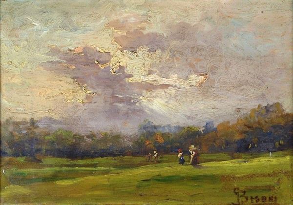 Anonimo, XIX sec. : Figure nel campo  - Olio su tavola - Auction Arte Moderna e Contemporanea - III - Galleria Pananti Casa d'Aste