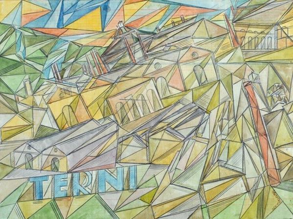 Uberto Bonetti : Terni  (Anni '30)  - Tecnica mista su carta - Asta Arte Moderna e Contemporanea - III - Galleria Pananti Casa d'Aste