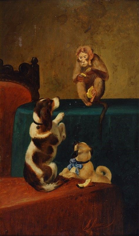 Michelangelo Meucci : Cani con scimmia  - Olio su cartone - Asta AUTORI DEL XIX E XX SEC - II - Galleria Pananti Casa d'Aste
