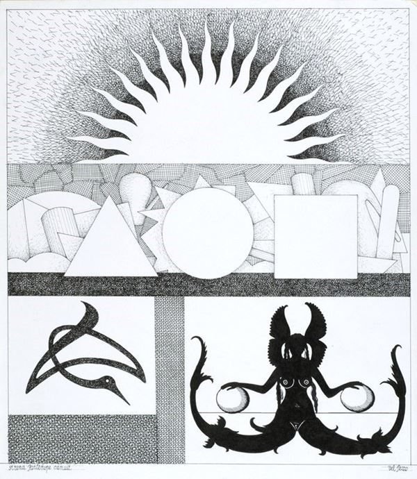 Lucio Del Pezzo : Sirena Partenope Canuit  - Tecnica mista su cartoncino - Auction Arte Moderna e Contemporanea - III - Galleria Pananti Casa d'Aste