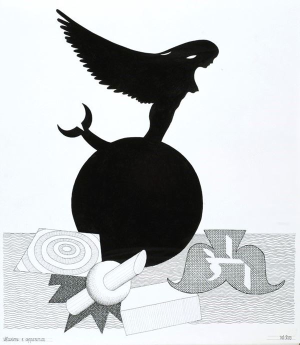 Lucio Del Pezzo : Illusione e apparenza   - China su cartoncino - Auction Arte Moderna e Contemporanea - III - Galleria Pananti Casa d'Aste